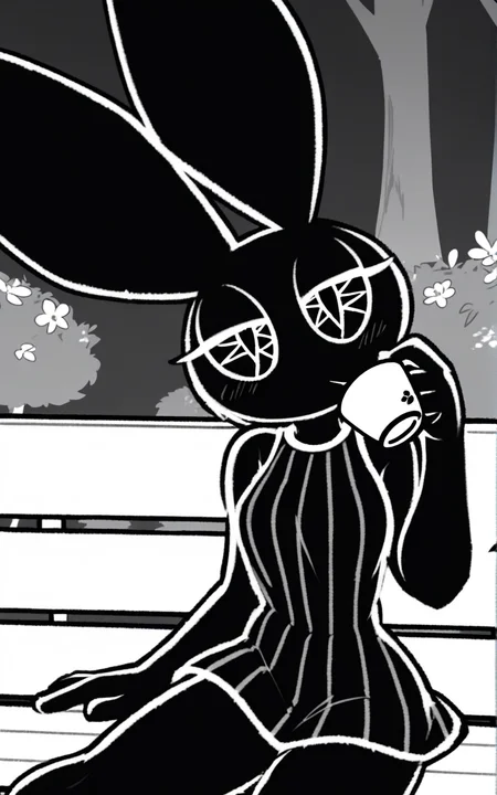 best quality, absurdres, <lora:BolivanteStyleITS:0.8>,   <lora:VRITS:0.8>, VRITS, dress, black dress, sleeveless, striped dress, short dress, furry, animal ears, furry female, black skin, polygon,octagram eyes, black eyes, symbol-shaped eyes, complex eyes, black sclera, black pupils, slim,sitting, bench, flowers,park,trees,mouth,holding coffee, monochrome, greyscale, half-closed eyes,no nose, no mouth