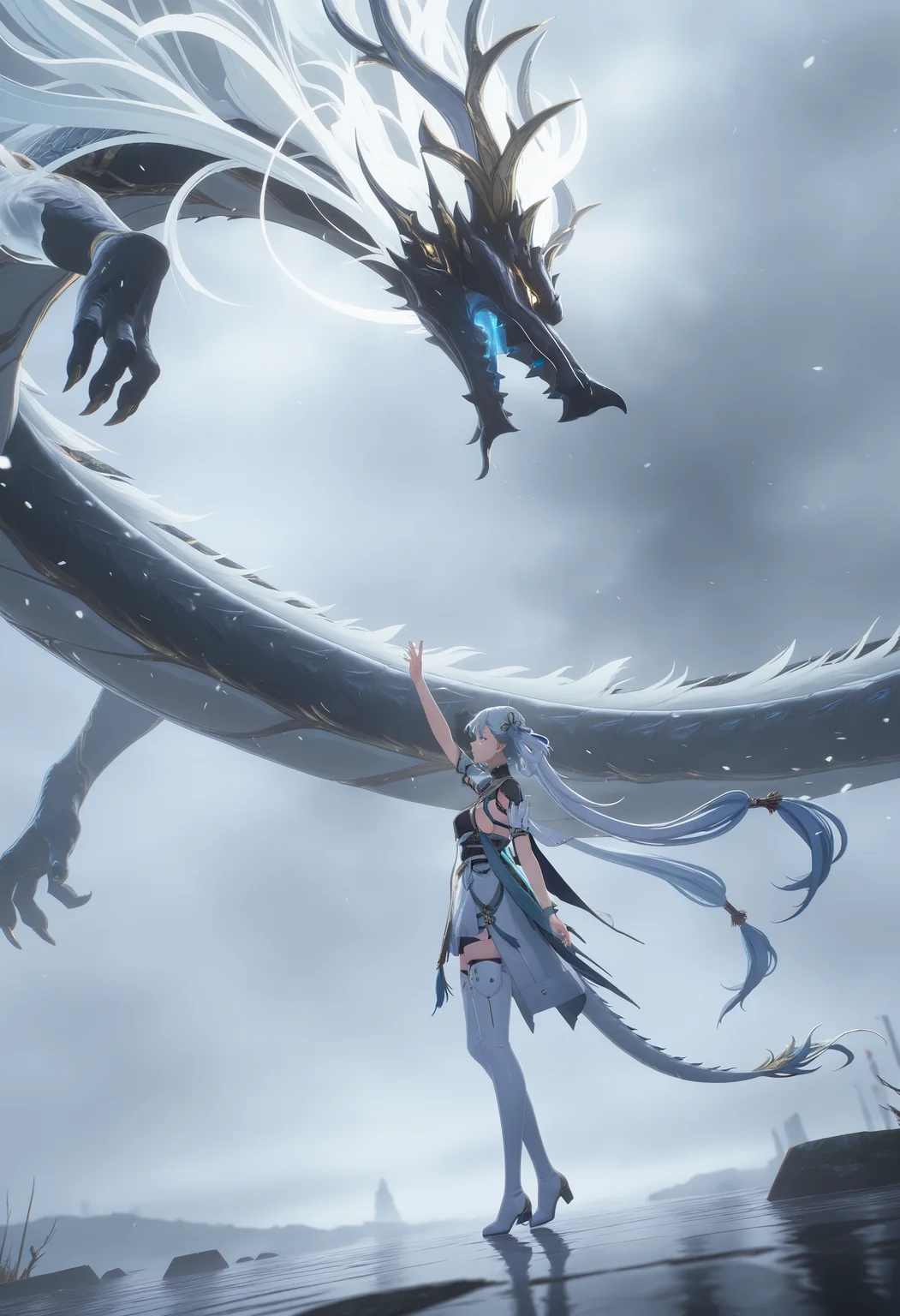 masterpiece,best quality,amazing quality,very aesthetic,absurdres,newest,scenery,
jinxsi, jue \(wuthering waves\), dragon, 1girl, echo2 dress, white hair, thigh boots, very long hair, twintails, standing, tail, outdoors, long shot, from side, arm up, floating hair, outstretched arm, reaching, dutch angle, cinematic shot, epic fantasy scene, misty atmosphere, surreal lighting,
<lora:Jinxsi IL v2:0.7>