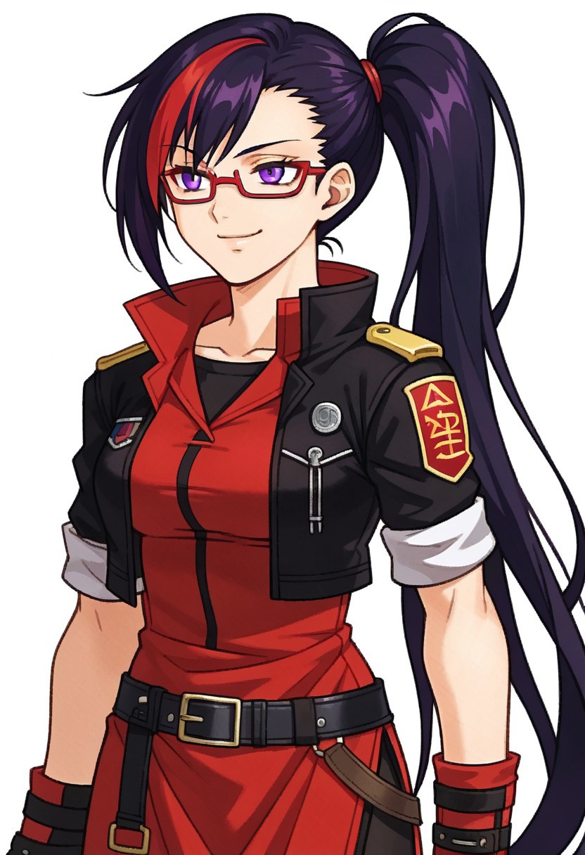 score_9, score_7_up, source_anime, BREAK solo,  <lora:zs_FE10PortraitsXL:1> fe10portraits, portrait, white background,, smug smile, 1girl, purple eyes, red-framed eyewear, black hair, red colored tips, red streaked hair, very long hair, side ponytail, tied hair, medium breasts, red colored tips, jacket on shoulders, red dress, sleeves rolled up, fingerless gloves, holster, belt, multiple belts, combat boots, pants under dress, black coat,