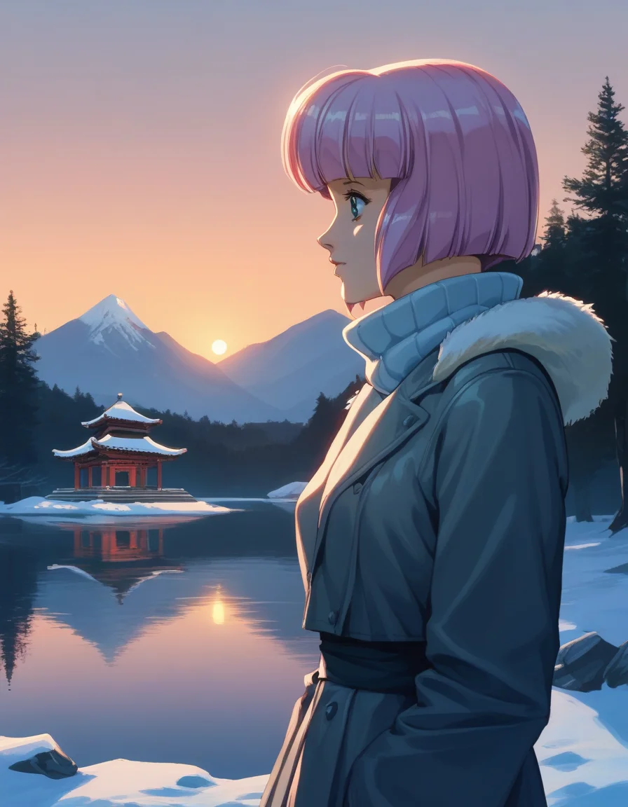 score_9,  score_8_up, score_7_up
<lora:diana-silverneil-000030:1> diana silverneil, turtleneck, winter clothes,
1girl, from side, outdoors, asian temple, outdoors, dusk, sunset in mountains, lake, snow peaks, dark night, low color gamma, dark colors, low brightness
