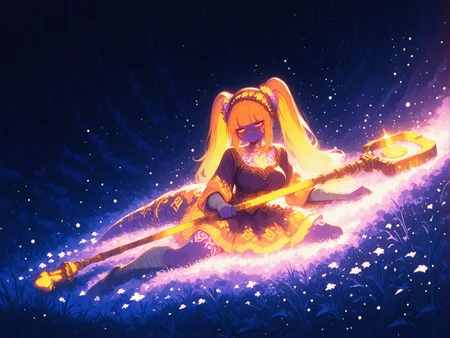 masterpiece,best quality,amazing quality,very aesthetic, anime screencap, anime coloring,  S4bit4mago_illu, wasabi_natsume_illu, digital illustration, no lineart,no outline,dark Fairytale,  limited palette, Bright_illu, LeIsT0_illu, Studio Ghibli Dark Fairytale, Sinozick_illu, 
soft lighting, shadows, soft shadows, shaded, Rim Lighting, light particles,  wasteland, wilted, dead nature, night, dark, dark Royal Blue  theme, 
BREAK
1girl, tied_hair, impossible long hair, uneven_twintails, blunt bangs, heterochromia, orange eyes, jitome,    light Turquoise hair, orange hair, full body tattoo, tattoo, face tattoo, chest tattoo, leg tattoo, arm tattoo, curvy,   large breasts, bandaged arms, blush, robotic spine, (dark Navy blue skin, colored skin,:1.2),  thick elaborate tail, large round ears,  on side, laying on side, spread legs,,
(solo:1.6), front view, dynamic view, from above,, antique cane, holding weapon, large weapon, colossal weapon, oversized weapon,, fighting pose,  
BREAK
iridescent print,  floral hairband,
light orange nylon Victorian Byzantine tunic, light brown ballistic iridescent High-waisted skirt, 
  (portrait, upper body:1.2),  
patterns,   asymmetric, mismatched, 
iron tall walls,  spectral tree, colored leafs, flowers, lavender field, grass,   stairs,   exterior,
<lora:StS-Illustrious-Detail-Slider-v1.0:2> <lora:add-detail-xl:2> <lora:fashiongirl-v1-ILXL:1> <lora:LeIsT0_style:1> LeIsT0_illu <lora:Bright_style:1> Bright_illu,sparkle,too many light particles <lora:xl_more_art-full_v1:0.4> <lora:wasabi_natsume_style_r1:0.4> <lora:Obsidian_skin:0.2> <lora:INCASE_v2.0:0.4> BSSINCASE,  <lora:NLSTN-IL:0.2> nlstn,  glowing, dark,  <lora:Gothic_Grain_Illustrious:0.4> <lora:TrendCraft_The_Peoples_Style_Detailer-v2.1A-3_12_2025-SDXL:0.4> <lora:ppw_v7_Illuv1.0_1_r2:0.2>