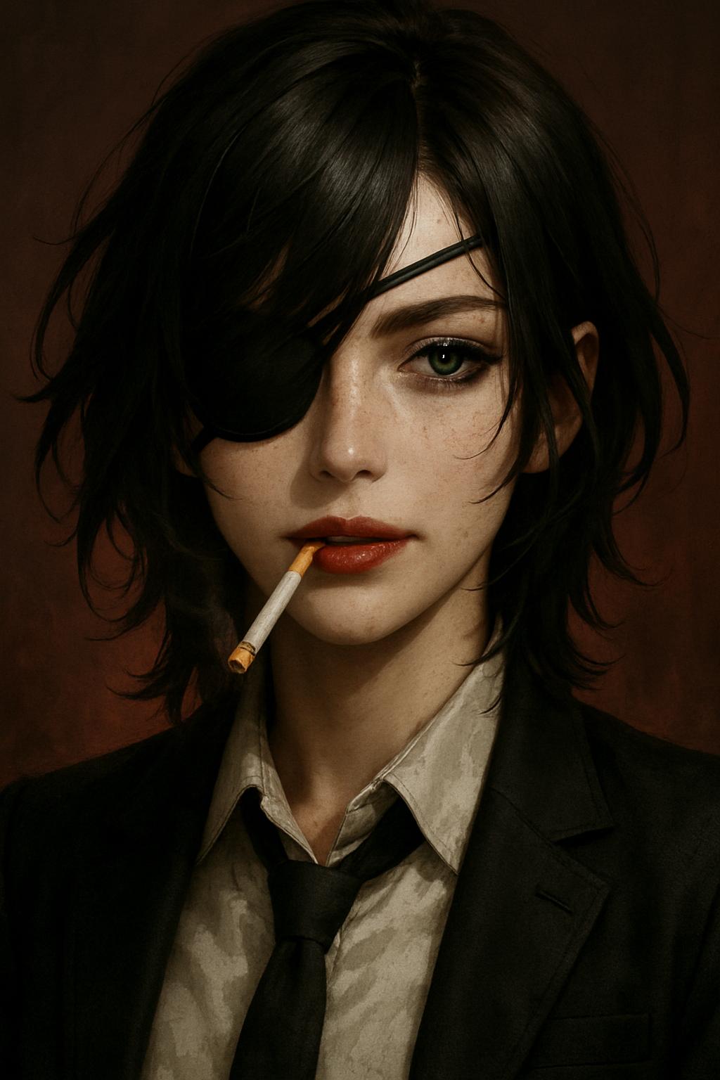  a highly detailed digital painting in a realistic, anime-inspired style. The subject is a young woman with pale, freckled skin and striking green eyes. She has shoulder-length, tousled black hair that partially covers her right eye, giving her a mysterious and intense look. Her left eye is accentuated by dark eyeliner, and she wears a black eyepatch over her right eye, adding to her enigmatic appearance. She has full, red lips and a subtle, confident smile. A lit cigarette dangles from her mouth, emitting a small trail of smoke that adds to the edgy atmosphere.

She is dressed in a black suit jacket over a white shirt, with a black tie loosely knotted around her neck. The lighting in the image is dramatic, with a warm, reddish glow highlighting her face and creating deep shadows that enhance the texture of her hair and the fabric of her clothing. The background is a dark, blurred red, which contrasts with the bright light on her face, making her stand out prominently.