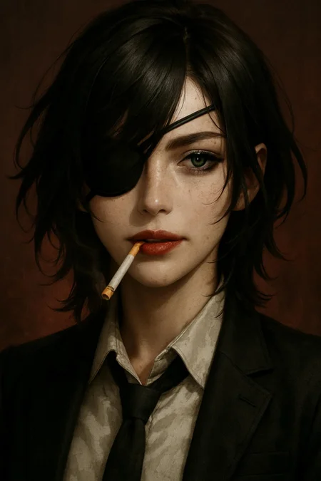  a highly detailed digital painting in a realistic, anime-inspired style. The subject is a young woman with pale, freckled skin and striking green eyes. She has shoulder-length, tousled black hair that partially covers her right eye, giving her a mysterious and intense look. Her left eye is accentuated by dark eyeliner, and she wears a black eyepatch over her right eye, adding to her enigmatic appearance. She has full, red lips and a subtle, confident smile. A lit cigarette dangles from her mouth, emitting a small trail of smoke that adds to the edgy atmosphere.

She is dressed in a black suit jacket over a white shirt, with a black tie loosely knotted around her neck. The lighting in the image is dramatic, with a warm, reddish glow highlighting her face and creating deep shadows that enhance the texture of her hair and the fabric of her clothing. The background is a dark, blurred red, which contrasts with the bright light on her face, making her stand out prominently.