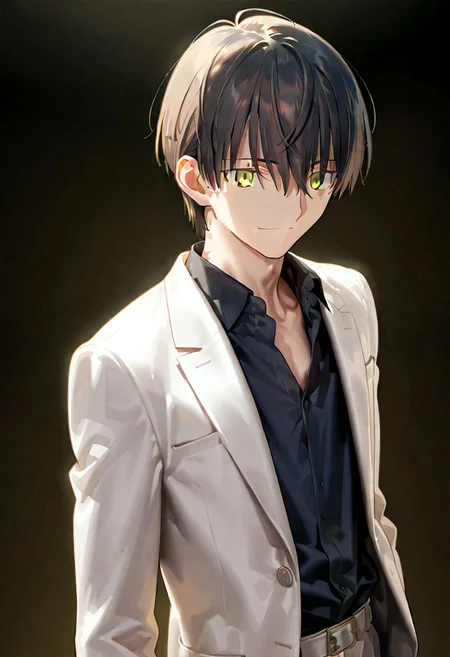 ((masterpiece, best quality, amazing quality, very aesthetic, absurdres)),
Takeuchi takashi, ((solo)), calm, smile, closed mouth, 1boy, solo, peaceful, closed mouth, slim_build (((yagami_light face))), (((black hair, yellow eyes))), ((short hair, hair between eyes)), (((white suit, open suit, black shirt, collared shirt, black slacks))), no background, dark background, sideshot, cowboy shot, dark background, portrait,