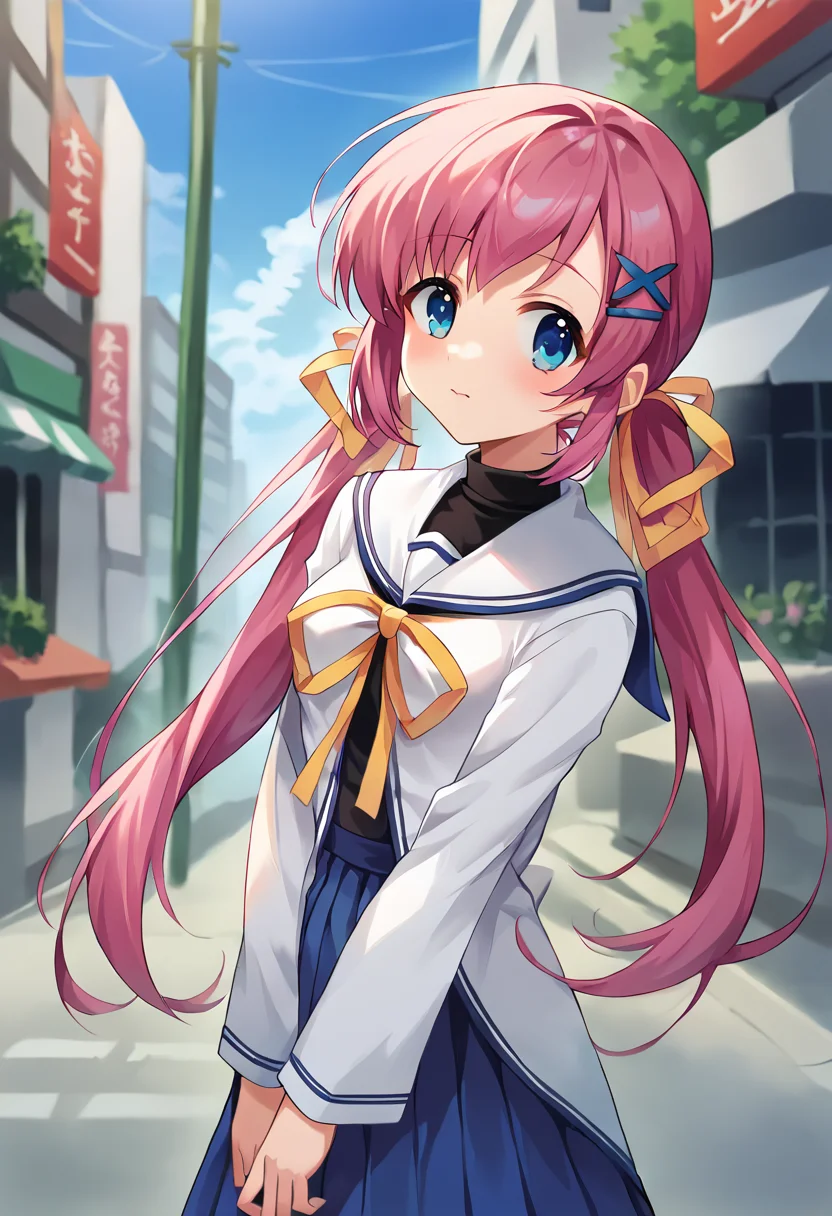 score_9, score_8_up, score_7_up, masterpiece, source_anime, 1girl, ct_nanaka, blue eyes, pink hair, twintails, long hair, x hair ornament, hairclip, hair ribbon, white serafuku, black turtleneck, white sailor collar, yellow neck ribbon, puffy long sleeves, blue skirt, looking at viewer, outdoors, city, depth of field, cowboy shot,  <lora:ShirakawaNanaka_Pony_ct:1>