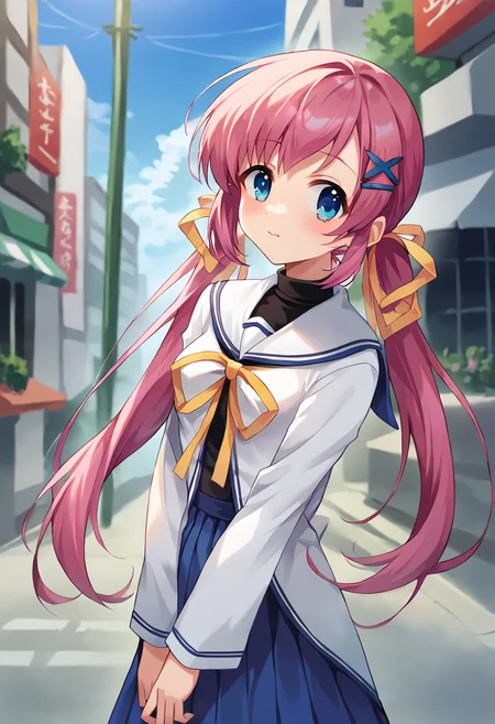 score_9, score_8_up, score_7_up, masterpiece, source_anime, 1girl, ct_nanaka, blue eyes, pink hair, twintails, long hair, x hair ornament, hairclip, hair ribbon, white serafuku, black turtleneck, white sailor collar, yellow neck ribbon, puffy long sleeves, blue skirt, looking at viewer, outdoors, city, depth of field, cowboy shot, <lora:ShirakawaNanaka_Pony_ct:1>