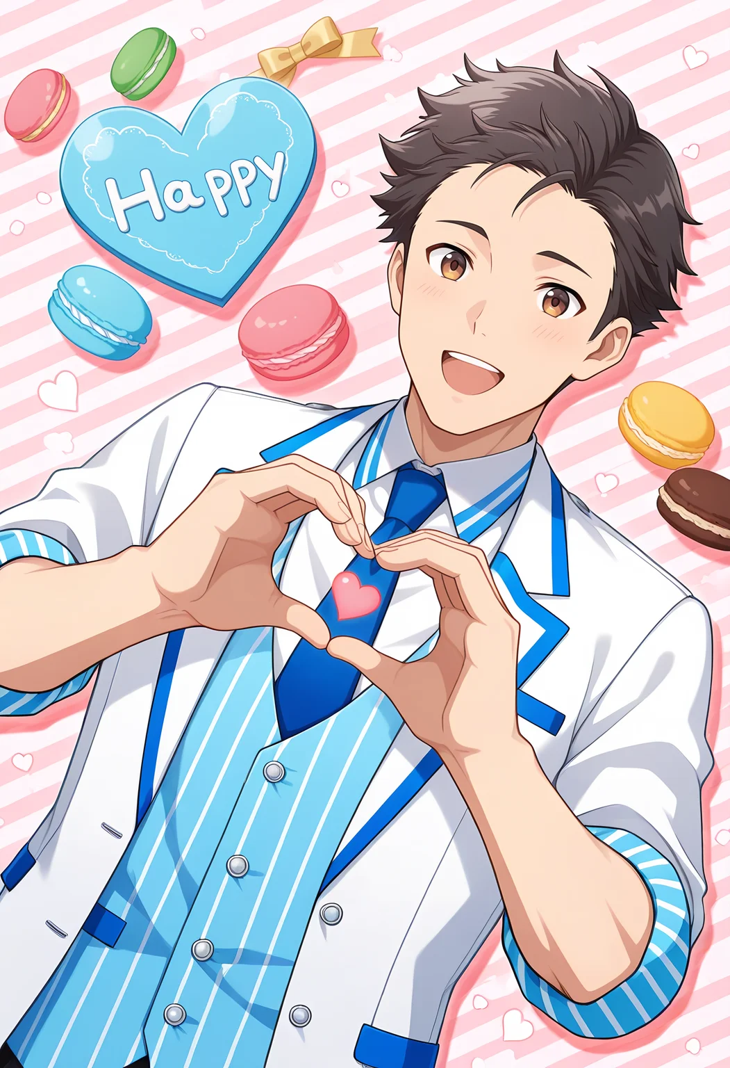 masterpiece, best quality, newest, absurdres, 1boy, solo, male focus, upper body, dutch angle, 4-finger heart hands, BREAK
<lora:Kimura_Ryu_Illustrious:1> k1mur4_ry, black hair, brown eyes, BREAK
muscular male, BREAK
white blazer, blue necktie, collared shirt, vest, blue accents, sleeves rolled up, BREAK
open mouth, happy, handsome, anime, BREAK
abstract background, macaron, white day, blue balloons, blue striped background