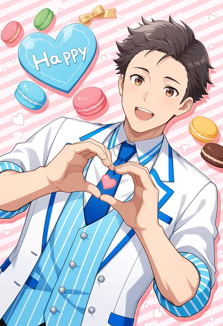 masterpiece, best quality, newest, absurdres, 1boy, solo, male focus, upper body, dutch angle, 4-finger heart hands,  BREAK
<lora:Kimura_Ryu_Illustrious:1> k1mur4_ry, black hair, brown eyes, BREAK
muscular male, BREAK
white blazer, blue necktie, collared shirt, vest, blue accents, sleeves rolled up, BREAK
open mouth, happy, handsome, anime, BREAK
abstract background, macaron, white day, blue balloons, blue striped background