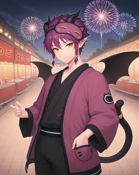 masterpiece,best quality,amazing quality, newest, very aesthetic, absurdres,
1boy, solo, yaoi, male focus, looking at viewer, cowboy shot,
<lora:Veigas_Dream_Cat_ilxl:1> veigasdreamcat, demon tail, purple hair,pointy ears, demon horns, black wings, short hair, orange eyes, demon wings, bat wings, black horns, sidelocks, cat tail,
yukata, open clothes,
outdoors, festival, night, fireworks, stone floor,
