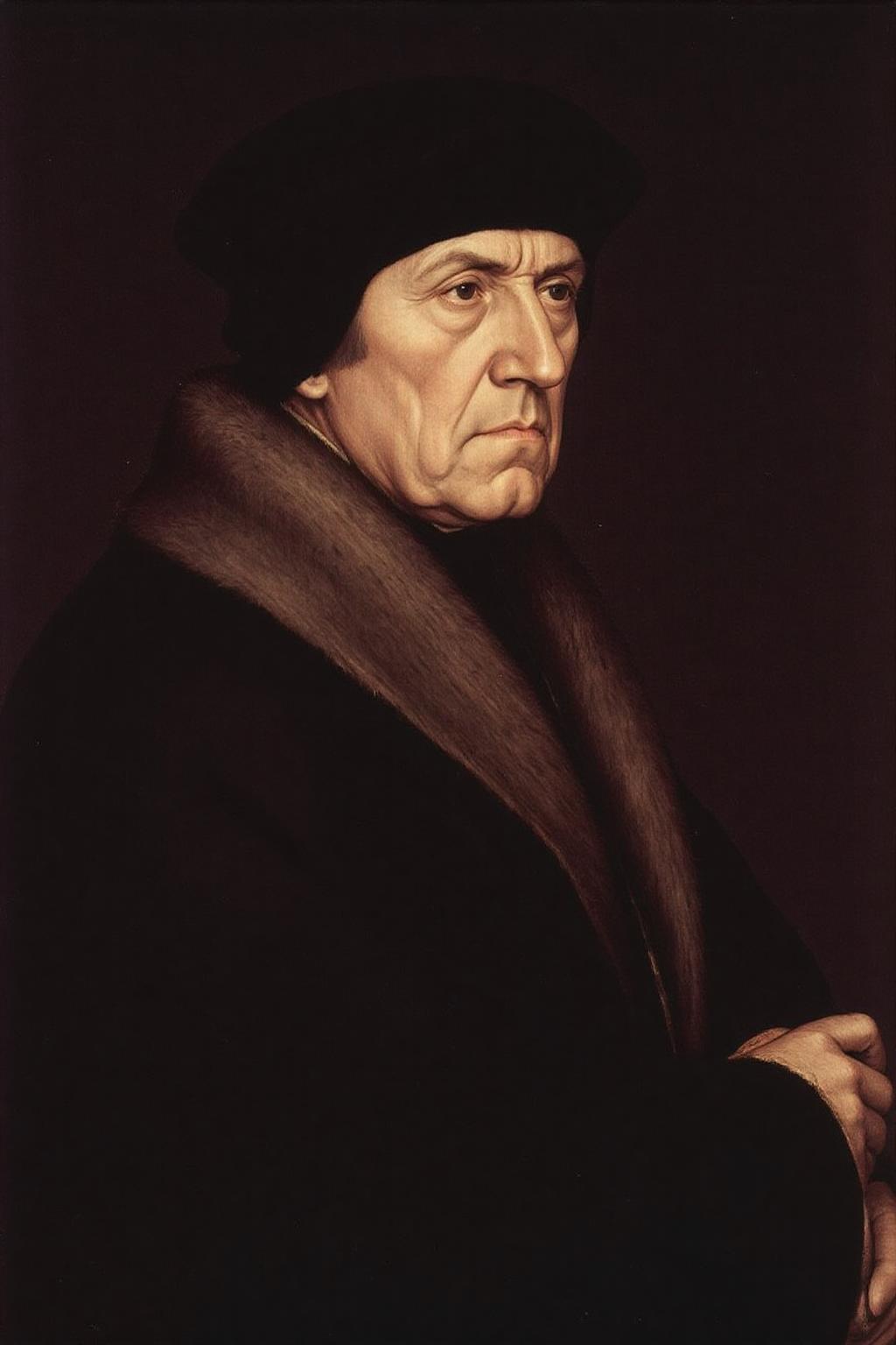 hansho1 painting.
A middle-aged clergyman with a stern, serious expression. He is dressed in a dark, richly textured robe with a fur-lined collar, indicative of his status. The man's head is covered by a dark, wide-brimmed hat. <lora:hansho1_cap_d6a3e12:1.0><lora:816890504965819281:0>