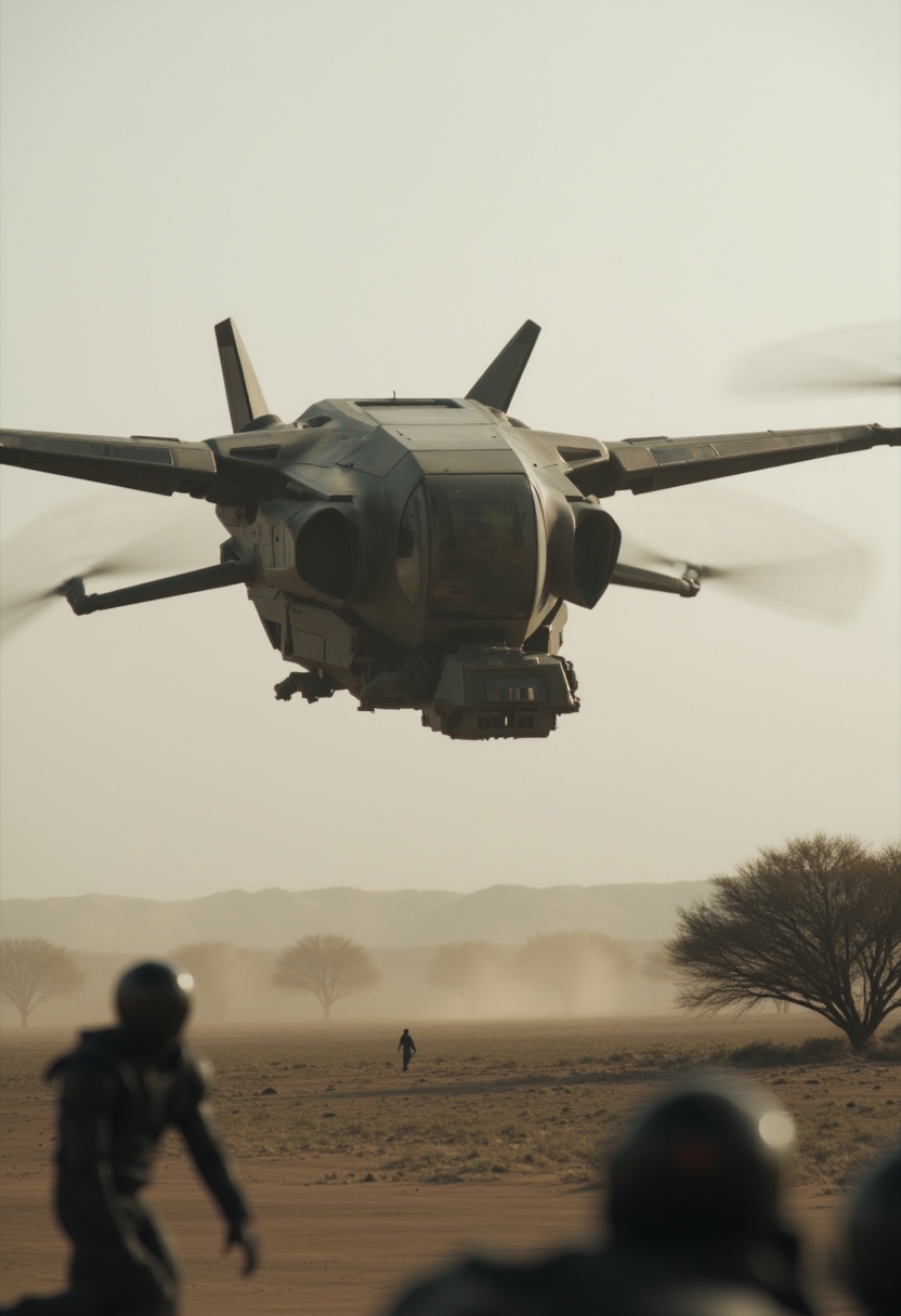 <lora:ck-dune-style_r1-000017:1>, ckdunestyle, ckmoviestyle, a drone ship landing on a platform