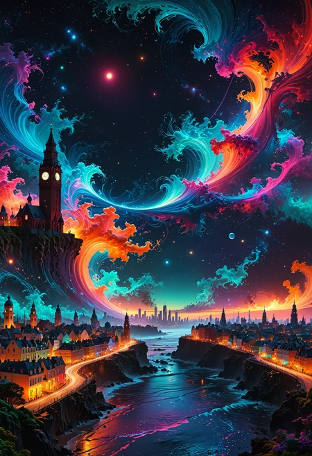 high quality, beautiful and fantastically designed silhouettes of colorful city buildings and landmarks due to gravitational waves, beautifully designed wavelengths, very weak vibrations caused by fluctuations in the gravitational field of the universe, wave nature, stretching and compression, by VelvetS, awesome full color,
<lora:DonM3t3rn1tyXL-v1.1:0.7>, DonM3t3rn1tyXL,
OverallDetailXL  <lora:MJ52:0.3>  <lora:SDXLFaeTastic2400:0.4>  <lora:EpicF4nta5yXL:0.7>
