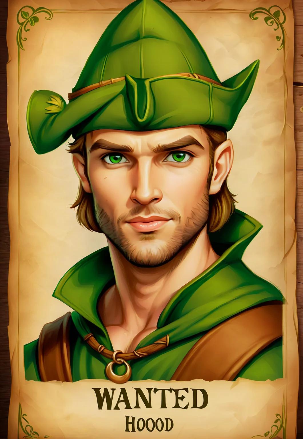 <lora:CuteCombine1:1> VCuteStyle, Robin Hood, wearing a green hat, handsome, portrait, wanted poster, parchment, WANTED