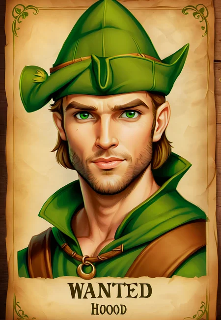 <lora:CuteCombine1:1> VCuteStyle, Robin Hood, wearing a green hat, handsome, portrait, wanted poster, parchment, WANTED
