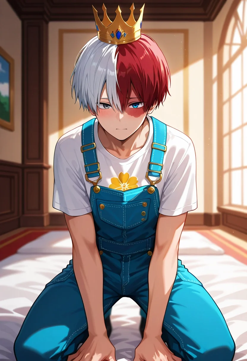 masterpiece, best quality, , , , depth of field, 1boy, solo, male focus, <lora:shouto_todoroki_ilxl:0.96>, shouto_todoroki, white hair, red hair, grey eyes, blue eyes, heterochromia, short hair, hair between eyes, bangs, multicolored hair, two-tone hair, split-color hair, burn scar, scar on face, rule of thirds, palace, indoors, kneeling, shy, blush, Floral Overalls, Pocket T-shirt, , Crown,
