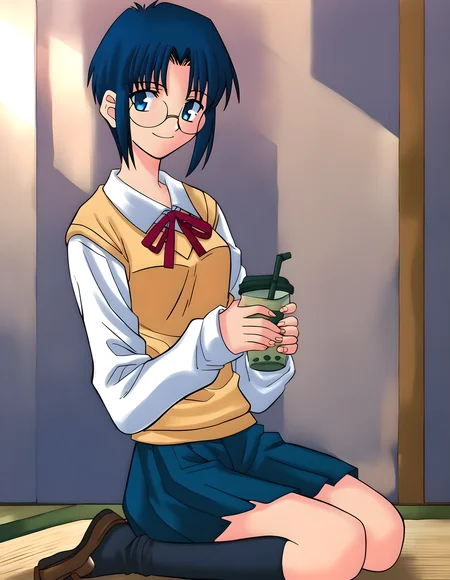 <lora:pony_xl_orig.ciel:0.9>,orig.ciel,score_9,score_8_up,score_7_up,source_anime,best quality,masterpiece,super fine illustration,1girl,solo,short hair,blue hair,blue eyes,ciel \(tsukihime\),glasses,school uniform,sweater vest,long sleeves,blue skirt,black socks,smile,green tea,sitting,seiza,yunomi,japanese-style rooms,tatami,