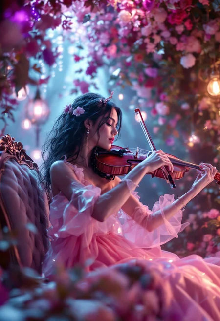 woman play violin, fantastic moment, love ambient, luxury environment, realistic, intricate details, hyper-detailed, colorful, 50mm lens, professional photoshoot, full-length scene view, chiaroscuro lighting