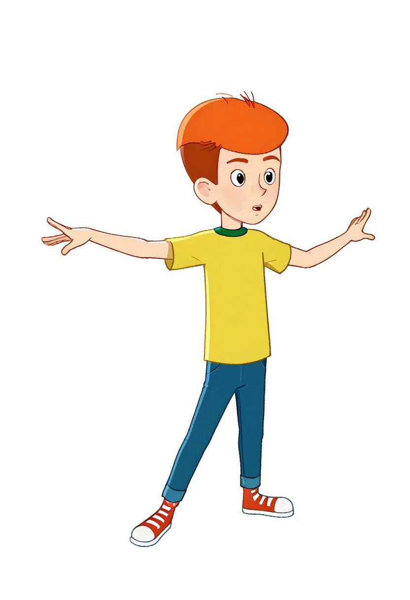 fyodor, 1boy, solo male, yellow shirt, green collar, short hair, orange hair, black eyes, pants, blue pants, t-shirt, rolled jeans, red footwear with white toes, red sneakers, white background, balancing pose