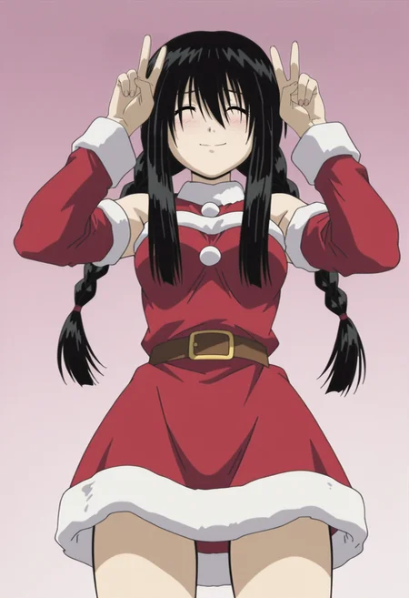 masterpiece, best quality, amazing quality, anime coloring, anime screencap,  1girl, solo, <lora:DX888OhnoIL:1> kanako ohno, black hair, long hair,  twin braids,  ^ ^ smile, blush, santa dress, BREAK   dynamic pose, simple background,   pink background pastel background, from below, double v,