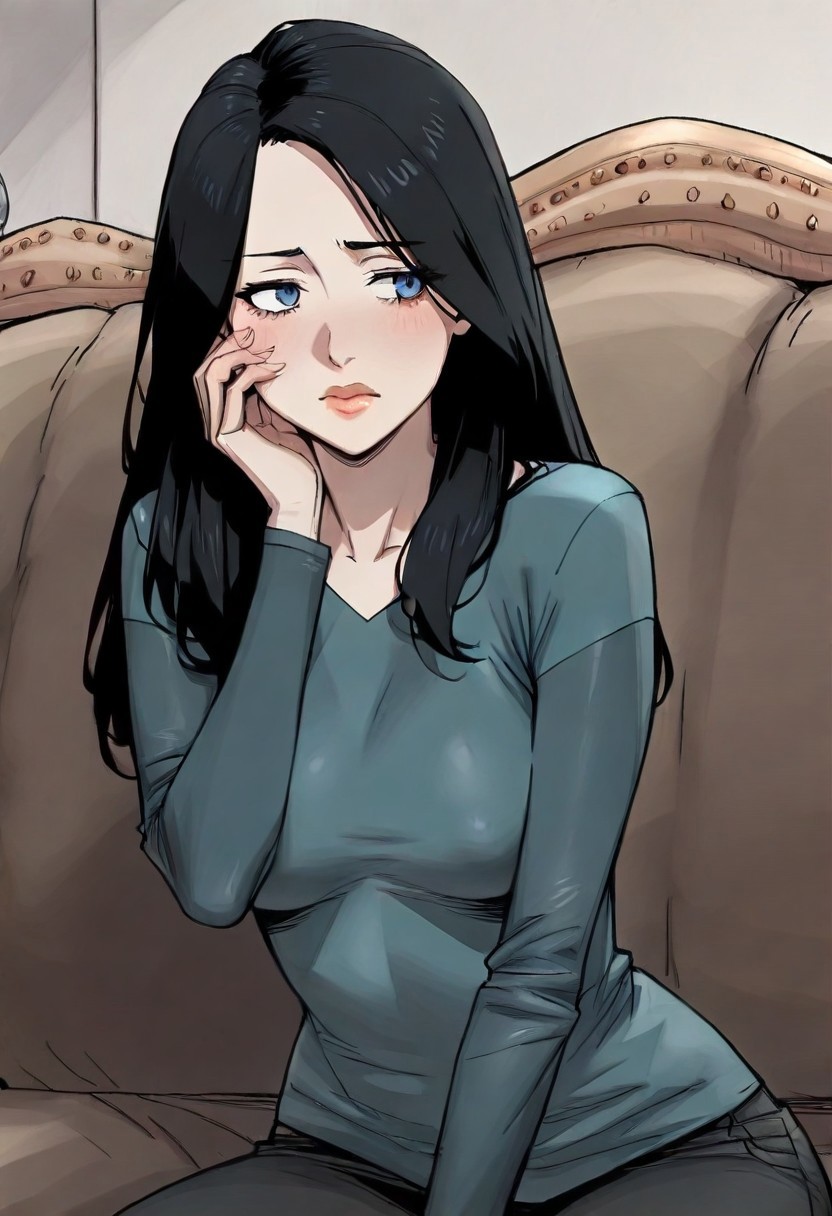 masterpiece, newest,absurdres,incredibly absurdres, best quality, amazing quality, very aesthetic, 
,sitting, hand on  cheek ,
re4lity_sync_illu
,upper body, BeckDuv1, long black hair,long hair, black hair, lips,eye bags,blue eyes,  ,teal long-sleeve shirt, indoor, sofa,