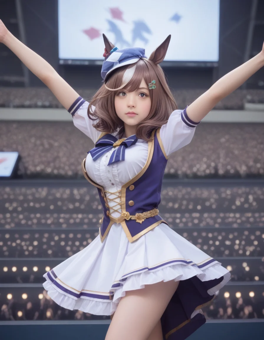 score_9, score_8_up, score_7_up, best quality, masterpiece,(realistic,real, photo realistic:1.5),cowboy shot,knee up,Cool pose,dynamic pose, female,gigantic breasts,bouncing breast , animal ears, , <lora:[stage]:0.7>stage,audience,(crowd:1.4),(big screen monitor:1.4),(umamusume:1.1),
<lora:tan.pony:0.65> tan, tan, school,, tan, race,