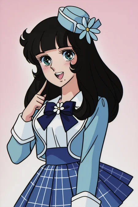 <lora:VersaillesnoBara:1>, VersaillesnoBara, retro artstyle, 1girl, mole, mole under mouth, solo, black hair, long hair, skirt, hat, open mouth, smile, blue skirt, blunt bangs, pointing, bow, flower, :d, blush, pleated skirt, long sleeves, looking at viewer, jacket, bowtie, aqua eyes, blue bow, plaid, blue headwear, plaid skirt, miniskirt, mini hat, hair ornament