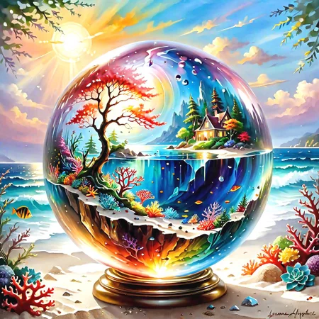 a painting of fantasy world of a crystal globe with "fantasy coral reef drawing made of fractals, (by artist "Thomas Kinkade", by artist "Leonid Afremov") ", beautiful reflexions, fantasy water color, beach view outside, on a mini world, shattered earth, beautiful rendering, mother nature