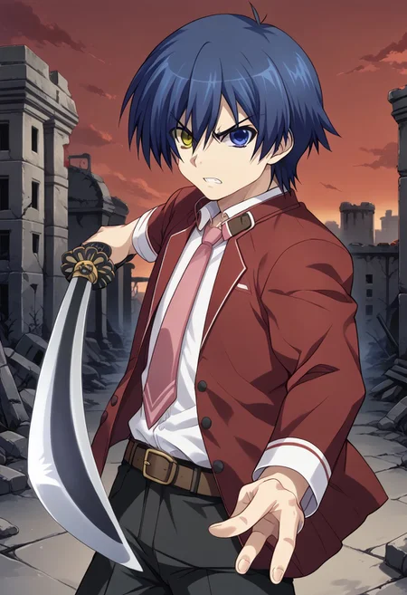 1boy, solo, kakerueleveneyes, blue hair, short hair, ahoge, yellow eyes, blue eyes, heterochromia, red blazer, white shirt, pink necktie, brown belt, black pants, school uniform, outdoors, ruins, city, red sky, serious, teeth, <lora:Gatotsu_Stance:1> gatotsustance, weapon, sword, holding, katana, holding weapon, holding sword