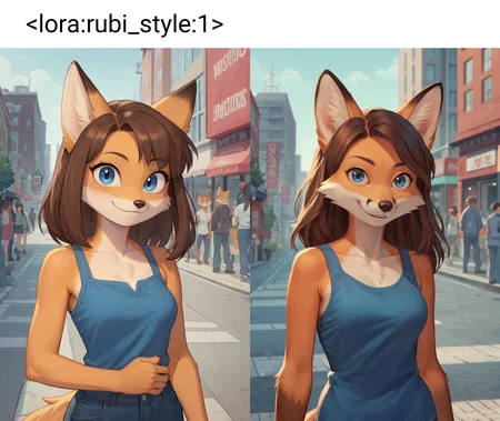 score_9, score_8_up, score_7_up, three-quarter portrait, furry, fox, female, anthro, blue eyes, brown hair, casual clothes, smile, looking at viewer, city background, (toony:0.5), photorealism, anime screencap, <lora:rubi_style:1>