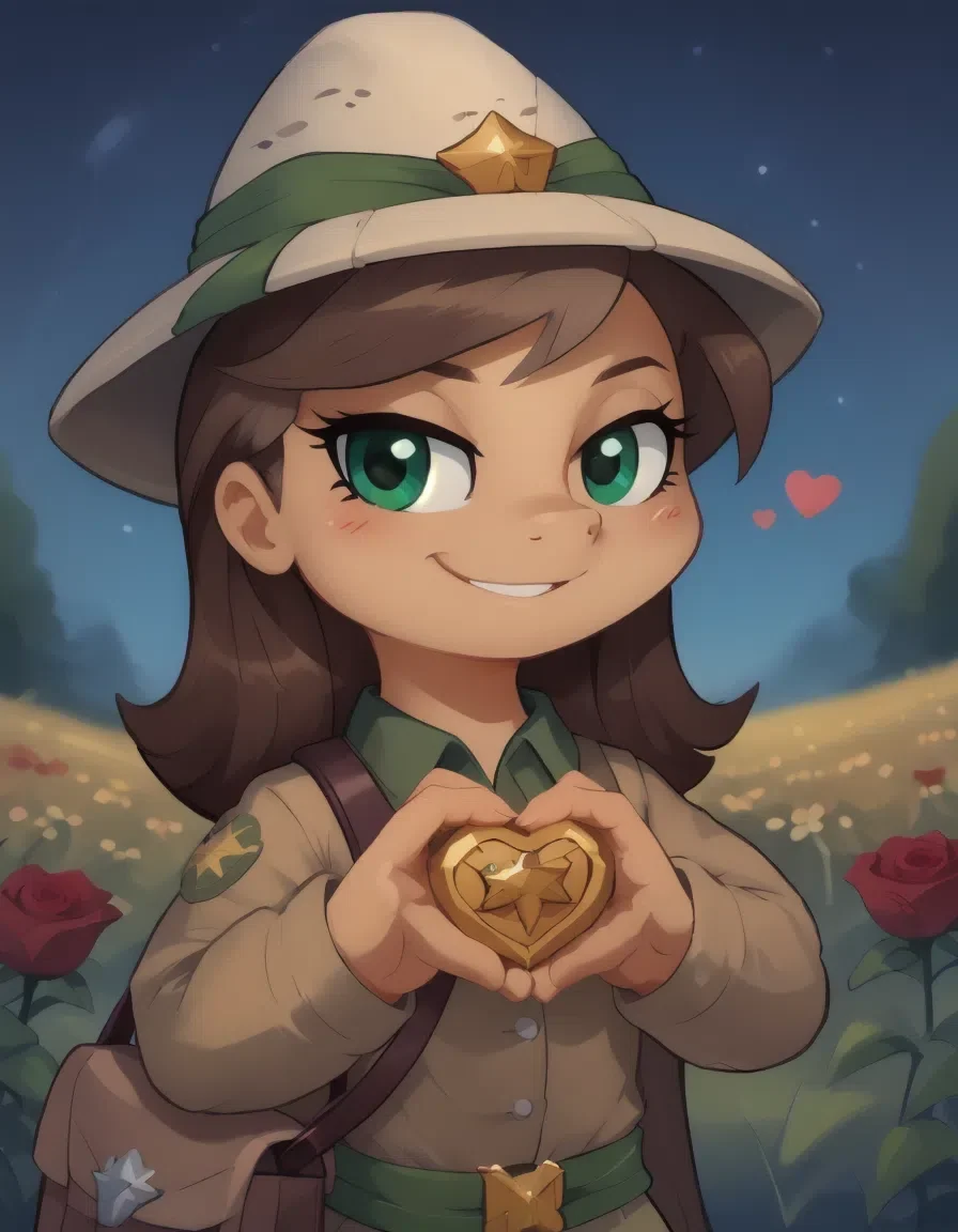 score_9_up, score_9, score_8_up, score_7_up, rating_explicit, bokeh, flat colors, lineless, vector art, vector graphics, z0nkp4nch, cute, 1girl, alone, solo, portrait, narrowed eye, big smile, pov, handing out heart, holding heart, flower field, roses, starry night, Daring Do, My Little Pony, Tan coat, Adventurer attire, Brown mane, Brown tail, Green eyes, Feathered hat, Whip accessory, Saddlebag, Cutie mark: Compass, Slightly unkempt mane, null