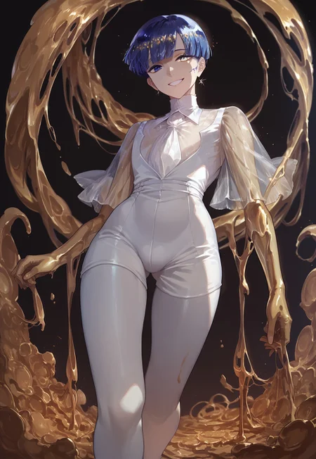 score_9, score_8_up, score_7_up, PhosllXL,androgynous, heterochromia, white eye, blue eye, blue hair, crystal hair, short hair, blunt bangs,golden arms melting, golden arms, see-through sleeves, white bodysuit,  full body, from below, smile, 
