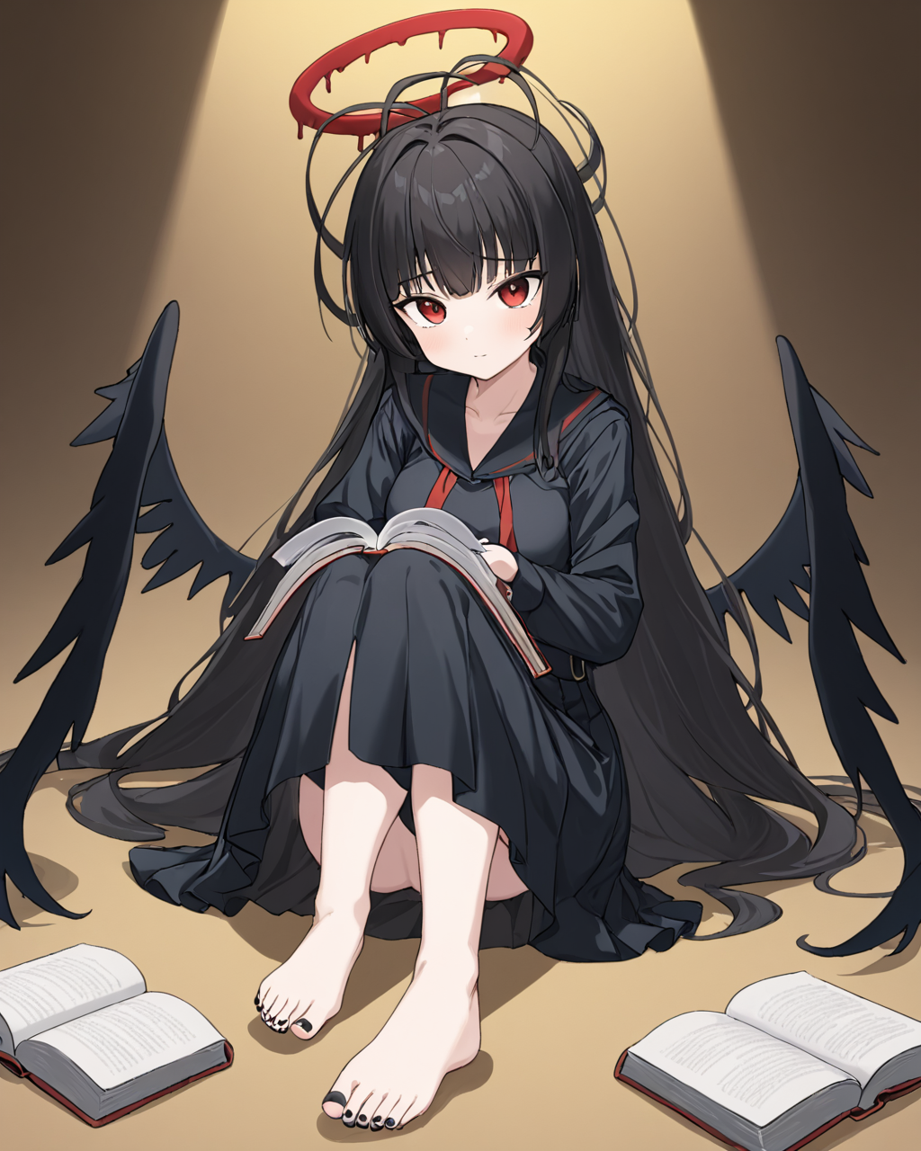 tsurugi \(blue archive\),1girl, halo, solo, boots_removed, black_skirt, barefoot, black_shirt, sitting, looking_at_viewer, wings, book, shoes_removed, full_body, toenail_polish, gun, black_footwear, long_sleeves, black_nails, long_skirt, knee_up, crossed_arms
<lora:tsurugi_(blue_archive)_image724_2023-11-28:1>halo. gorgeous,key visual, vibrant, studio anime,award-winning, professional, highly detailed,high budget, cinemascope