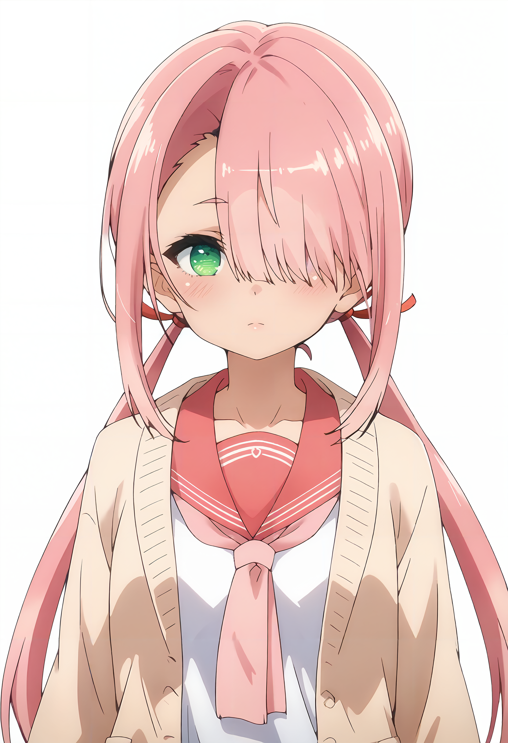 score_9_up,score_8_up,score_7_up,<lora:RYZ_v1.0_pony-000030:1>,
YAMS_RYZ,solo,1girl,green eyes,pink hair,long hair,hair over one eye,low twintails,blush,school uniform,sailor collar,cardigan,upper body,sidelocks,:o,
simple background,white background