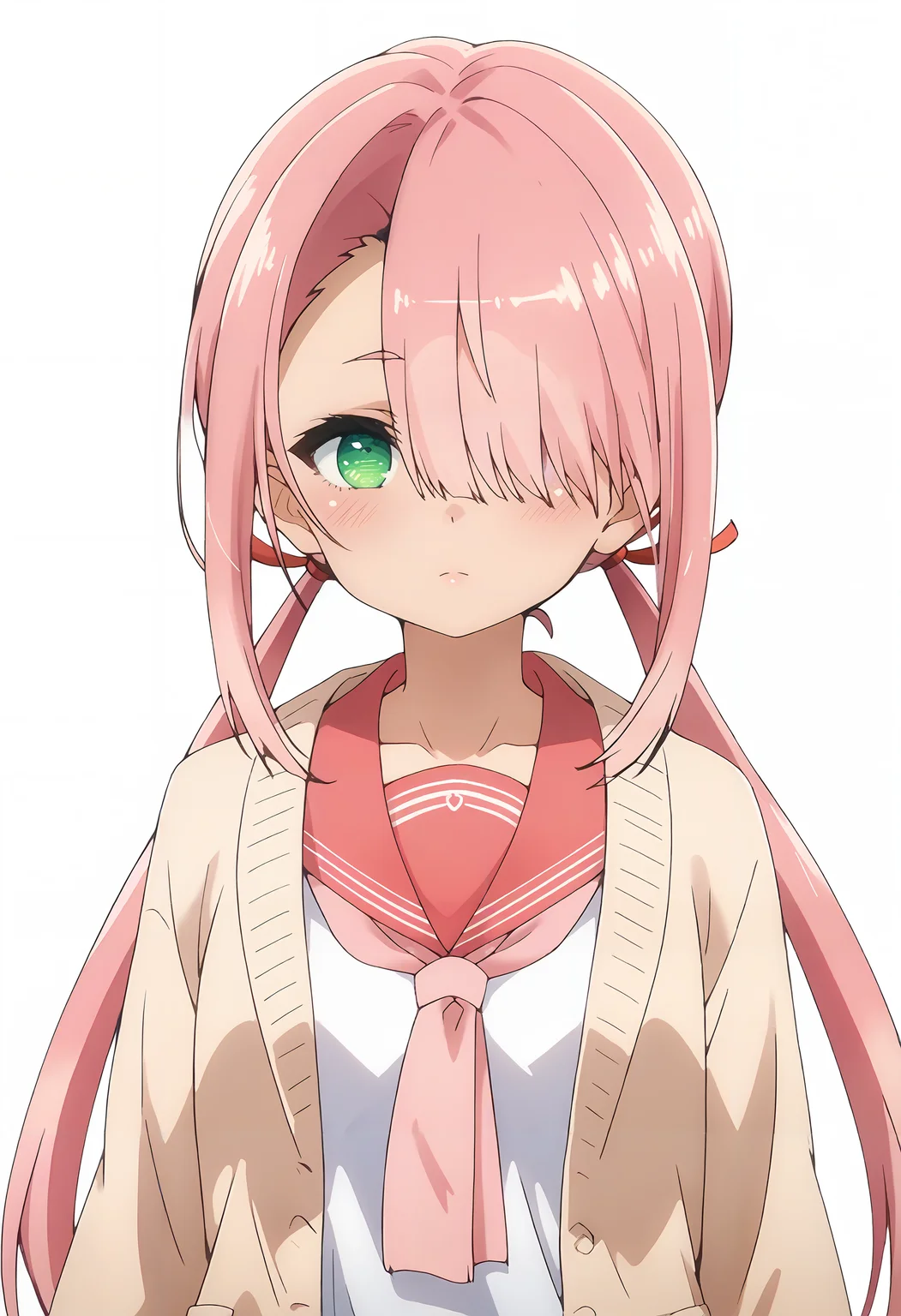score_9_up,score_8_up,score_7_up,<lora:RYZ_v1.0_pony-000030:1>,
YAMS_RYZ,solo,1girl,green eyes,pink hair,long hair,hair over one eye,low twintails,blush,school uniform,sailor collar,cardigan,upper body,sidelocks,:o,
simple background,white background