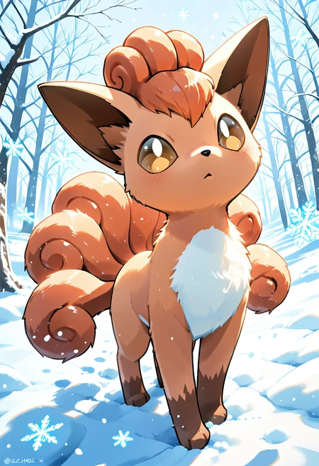 masterpiece, best quality, <lora:VulpixPokedex_IXL:1.0>, zzVulpix, solo, full body, looking at viewer, orange fur, white fur, nine tails, fluffy tail, fox, large eyes, standing, winter background, snowflakes, playing in the snow