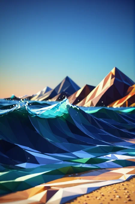 sea waves made of lowpoly, character focus:1.1 , dramatic angle, magic, colorful background <lora:LowpolyXL_LoRA:1>