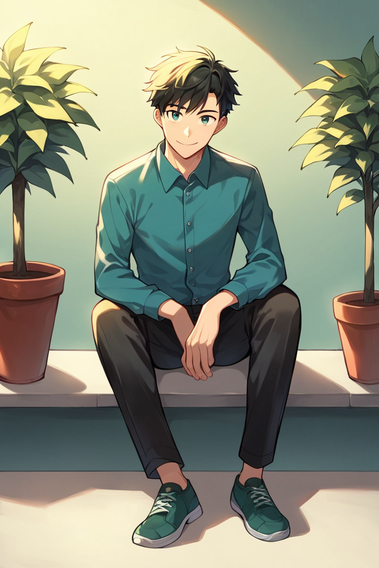 score_9, score_8_up, score_7_up, score_6_up, score_5_up, score_4_up, rating_safe, solo, 1boy, plant, shirt, male focus, shoes, black hair, pants, black pants, sitting, green footwear, collared shirt, potted plant, aqua shirt, blue shirt, shadow, long sleeves, looking at viewer, smile, short hair, green background, full body, green theme <lora:Anime Style LoRA XL:0.7>