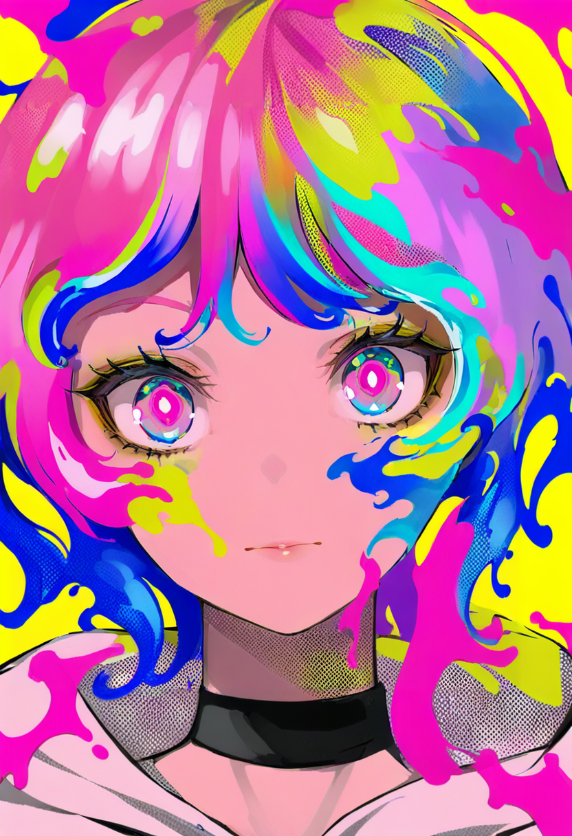 solo, 1girl, yellow background, multicolored eyes, looking at viewer, portrait, choker, multicolored hair, black choker, short hair, blue hair, simple background, colorful, bangs, liquid hair, pink hair, hood, pink eyes, halftone, paint splatter <lora:LAMXL_il_lokr_V5311P:0.95>