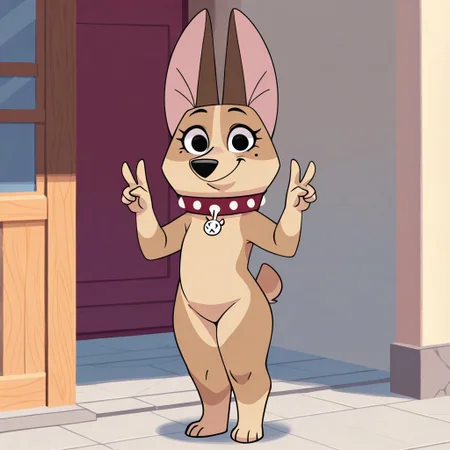 Clarissa(101), Solo, 1girl, semi-anthro, female furry, dog, doggirl, Welsh Corgi, tan fur, brown ears, black eyes, mole under eye, black nose, short tail, red collar, full body, day, smile, peace sign, standing, flatchested,