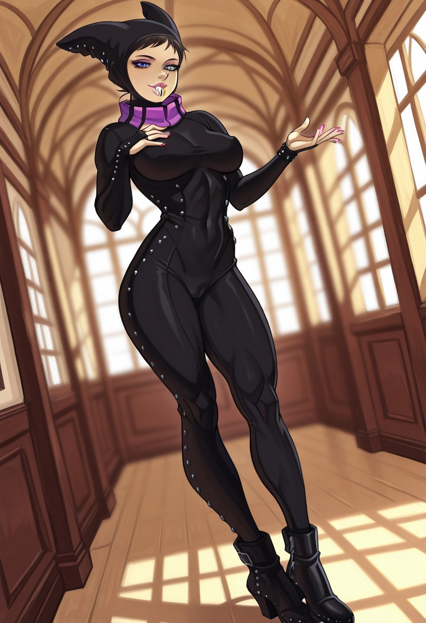 MatsuriGodTreeBTBV, 1girl, solo,  black  headwear, striped eyes, pink lips, large breast, black studded bodysuit,  striped four-pointed magenta collar,  black studded hood,  purple rinnegan, thick thighs, high-heeled ankle boots, pink nails,
,seductive pose, sexy pose, tease, 
masterpiece, best quality, ultra-detailed, very aesthetic, detailed background, very aesthetic, newest, scenery, highres, 4k, absurdres, 8k, colorful,vibrant, glowing, perfect face, 2d, perfect eyes, detailed eyes, 
 masterpiece, best quality, ultra-detailed, very aesthetic, newest, scenery, absurdres, perfect anatomy, , perfect face, perfect eyes, mature body, clear eyes, beautiful eyes, athletic, curvy body, athletic girl, perky tits, perfect tits, round breasts, pinup pose, teasing, lustful expression,
muscular female, dutch angle,
,naughty smile, 
,detailed eyes,Smooth Negative, highres, absurdres,   uncensored, mikoyanstyle,