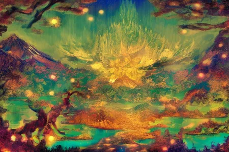 Mh1$AgThS2, intricate linework with expressive contrasts, soft lighting with dynamic highlights, a tranquil large lake in the uplands, sakura trees, blossom, mist, dawn, reflection, with mount fuji in the distance, no humans, In the style of ff-td, FanLan