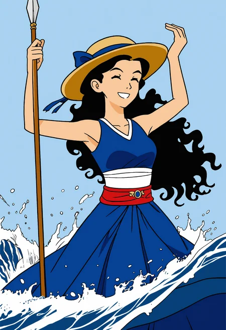 A.K. Yearling, Poplin Shirtdress, Bralette Crop Top, Sash, Hat, Waist Chain, Jubilation, elation, exultation, triumph, Raise the arms, clench the fists, and smile widely, Captivating the Depths: A Water Goddess, her silhouette commanding against the deep blue sea, leans on her spear amidst roiling waves. Her flowing hair dances underwater, as her gaze pierces with an enigmatic intensity.