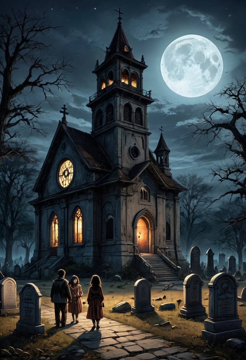 masterpiece, best quality,
digital artwork of creepy old church, 3 kids in Halloween costumes holding flash lights,
japanesehorrorclassics,
full moon, night, cosmic rays, haunted place, abandoned old church, graveyard, giant bell tower, wide shot, old trees, forest background, tombstones, scary, paranoia, feeling like someone is watching you, ruined, dirty, cemetery, fear, dread, 
(low angle:1.3), focus on old tower,
cinematic, horror, creepy atmosphere, intricate, detailed, rays of light,