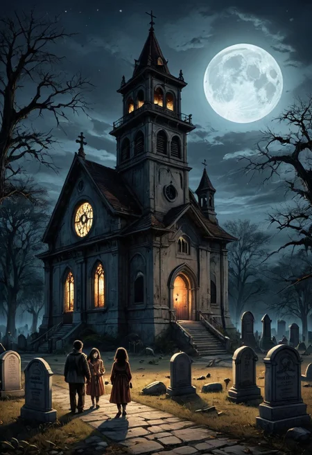 masterpiece, best quality,
digital artwork of creepy old church, 3 kids in Halloween costumes holding flash lights,
japanesehorrorclassics,
full moon, night, cosmic rays, haunted place, abandoned old church, graveyard, giant bell tower, wide shot, old trees, forest background, tombstones, scary, paranoia, feeling like someone is watching you, ruined, dirty, cemetery, fear, dread,
(low angle:1.3), focus on old tower,
cinematic, horror, creepy atmosphere, intricate, detailed, rays of light,