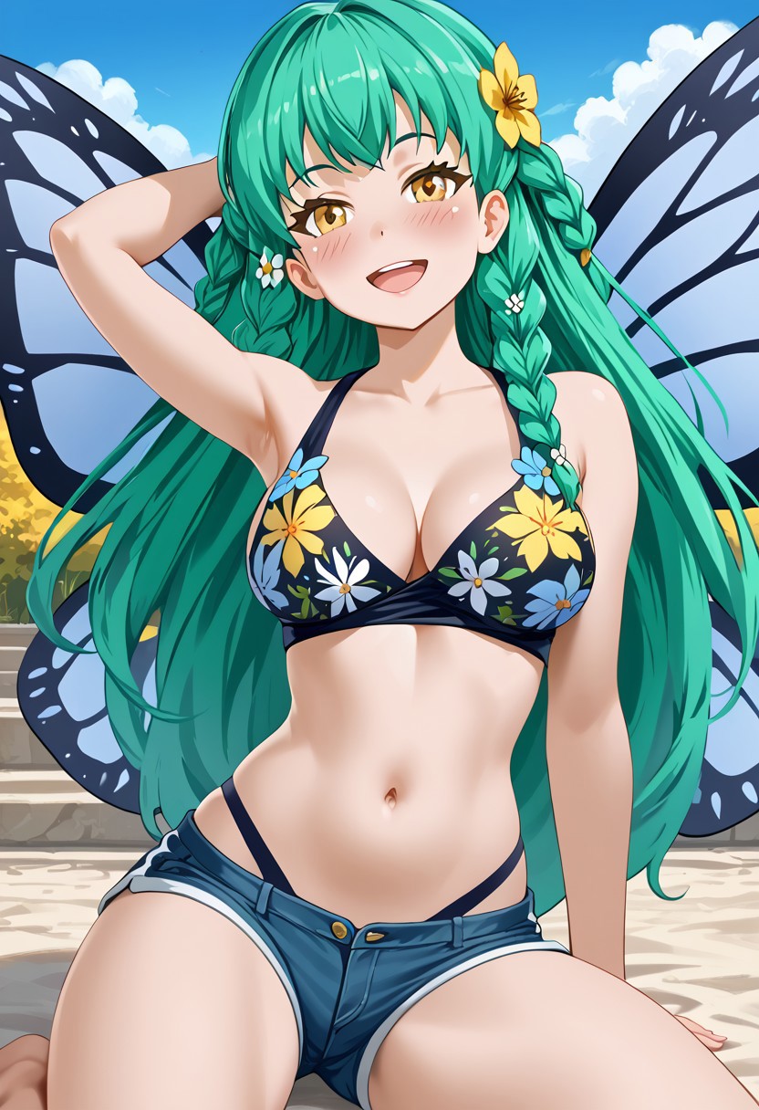 score_4,score_5,score_6,score_7_up,score_8_up,score_9 ((masterpiece,best quality,ultra detailed,highres,HD,4k:1.2)), 
((upper body)),outdoor,
1girl,solo,gir focu,solo focus,face focus,
fairy girl,butterfly wings,wings,long hair,green hair,twin braids,braid,hair flower,hair ornament,yellow eyes,
Flower decorations on clothes,Bust wrap, short shorts,cleavage,barefoot,navel,
looking at viewer,blush,smile,open mouth,