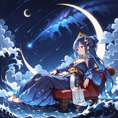 lazypos, character focused, anime girl, golden jewelry, deep blue hair, celestial eyes, reclining pose, moonlit sea, starry sky, flowing waves, ornate accessories, exotic outfit, mystical charm, glowing highlights, shimmering skin, fantasy horizon, nighttime setting, elegant design, vibrant colors, crescent moon, dreamy atmosphere, shooting star, KoyankoStyle