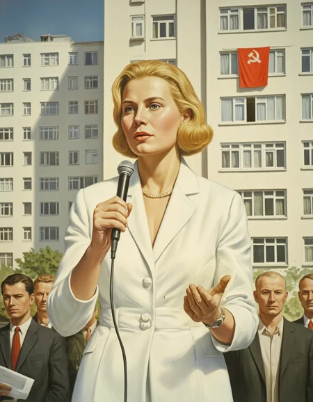 socialism realism painting by Aleksandr Gerasimov, soviet female politician making a speech in front a soviet communist apartment block, wearing white formal professional clothing, blonde hair, mid 40s, passionate speech,
