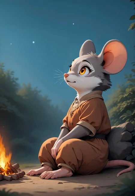 score_9, score_8_up, score_7_up, score_6_up, score_5_up, score_4_up,
[][][][][], 
m0use_goldie, (wide shot:2)
[][][][][], 
cute, (dark grey fur, golden eyes:1.5), (brown tunic, brown pants), (feral:1.2), (side view:1.5), dark, night sky, stars, (sitting, lying back), (campfire:1.5), looking up, (tail between legs:1.5), looking up,