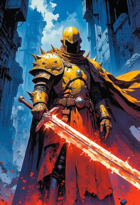 blue and red contrast lighting, dynamic viewpoint, dynamic angle, a knight in bright yellow armor, wielding a great sword with rainbow flames, spiked pauldrons, ((high fantasy space background))