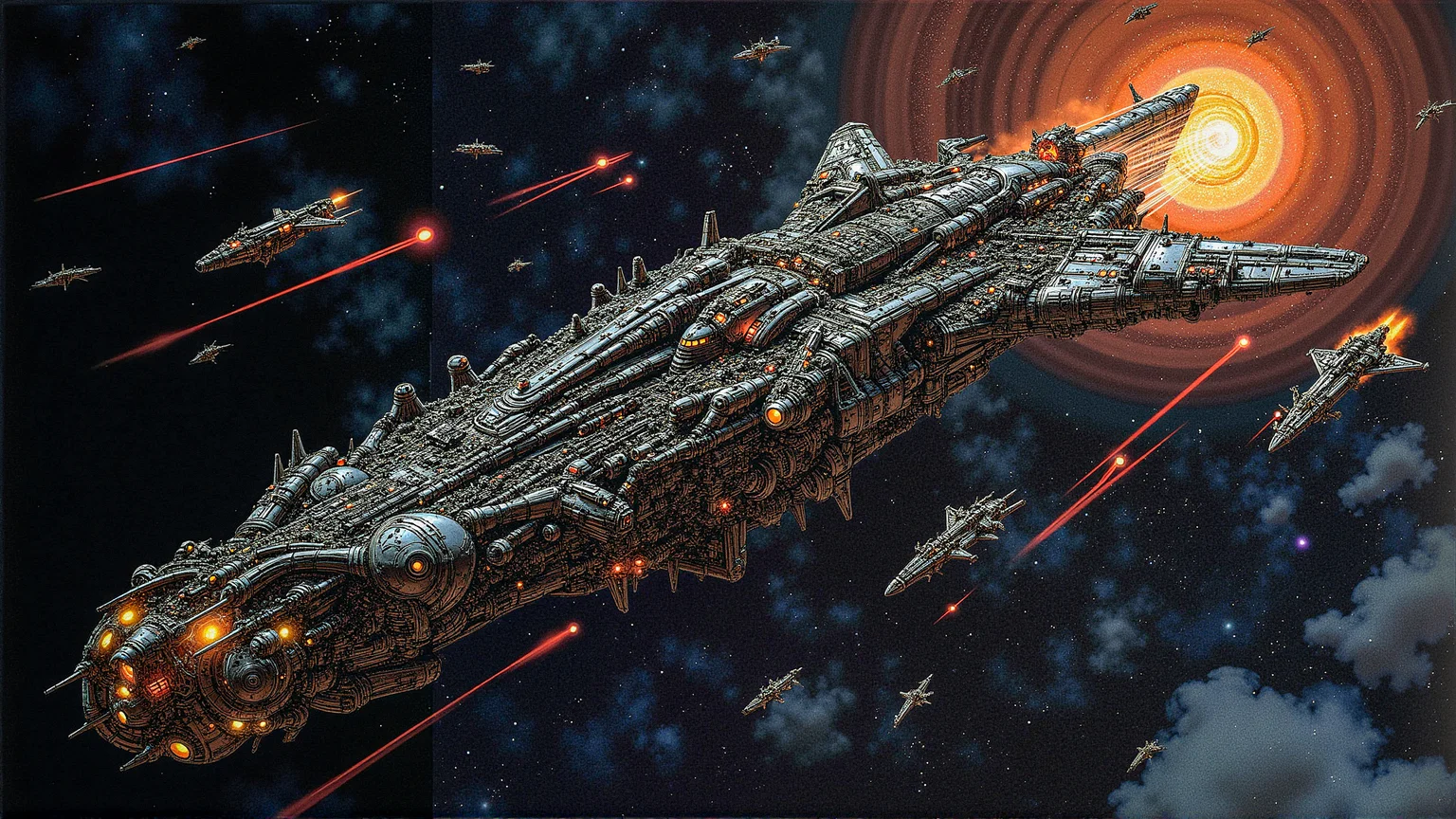 "A cosmic war unfolds in the void of space, with massive starships and alien armadas clashing in an epic battle. The starships are colossal, with intricate designs that blend organic and technological elements. Explosions and beams of energy light up the darkness, as smaller fighter ships dart between the larger vessels. In the distance, a black hole looms, pulling in debris and wreckage, adding a sense of impending doom to the scene." <lora:metal_hurlant_v1:1>